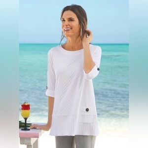 Soft Surroundings Coastal White Top LagenLook Asymmetrical Artsy Size Large EUC